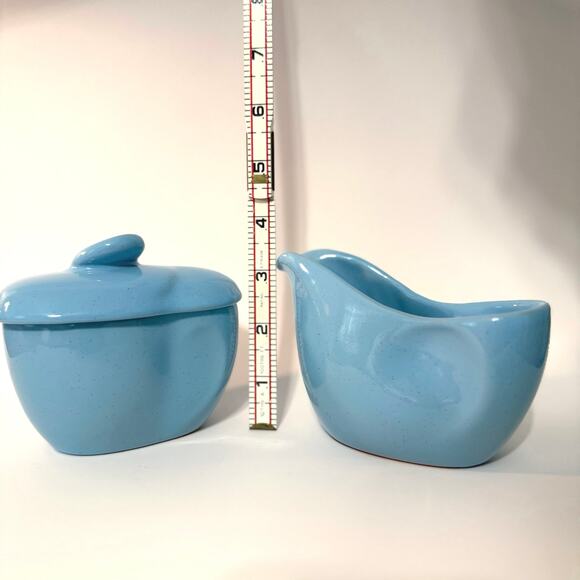 Frankoma Cream Covered Sugar Lazy Bones Blue Speckled 50s Vintage Pottery USA - Picture 6 of 11